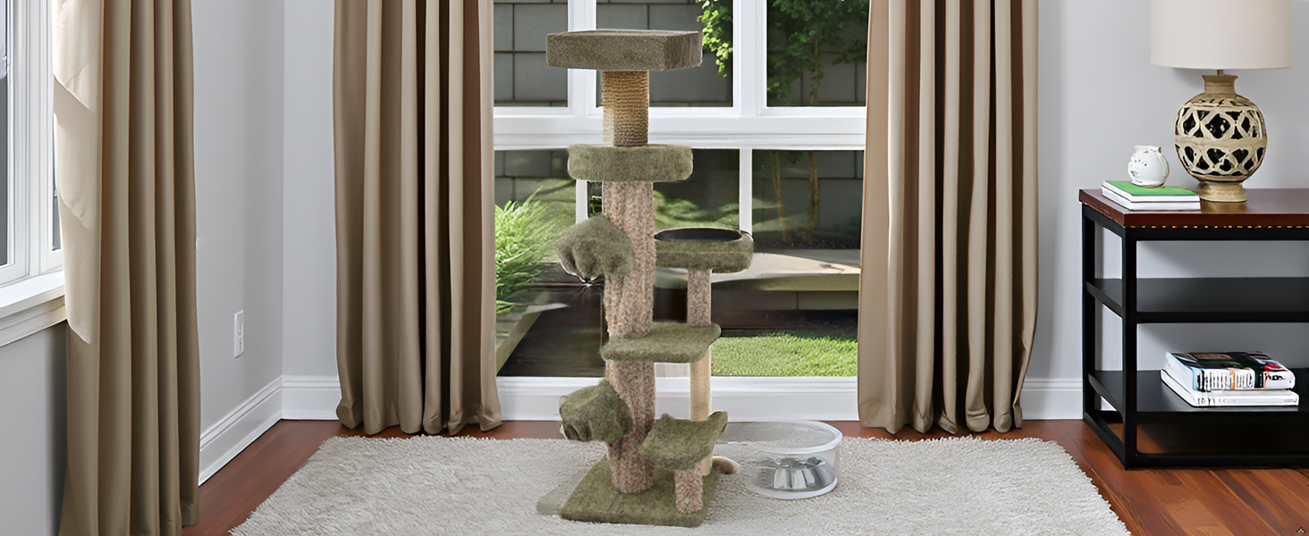 A cozy living room with a large window overlooking a lush garden, creating a serene and inviting atm