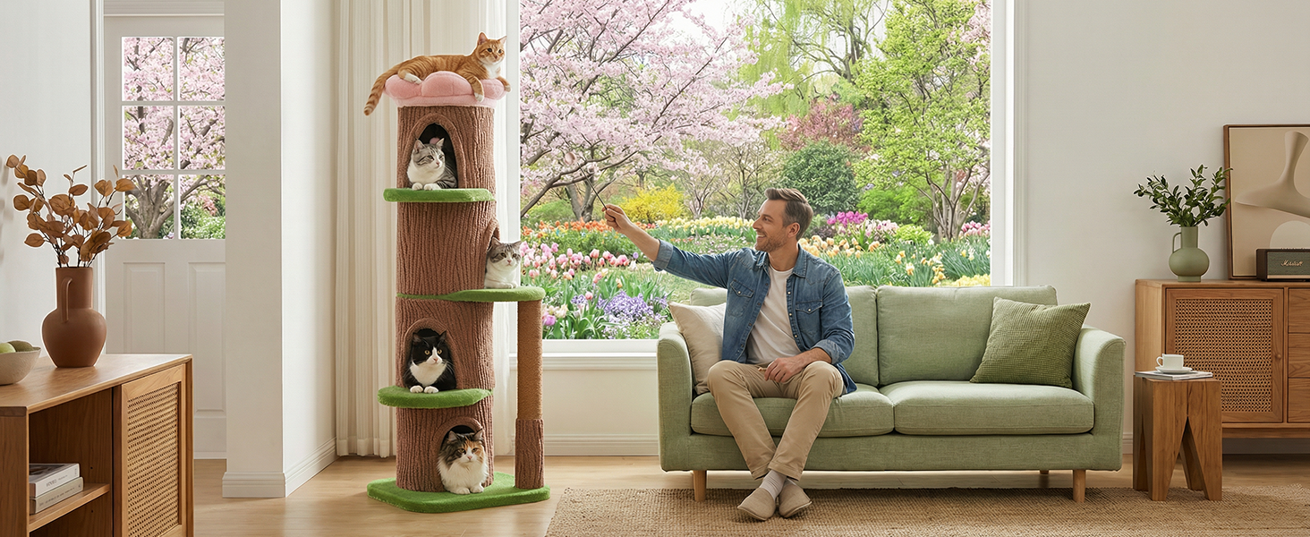 MUTTROS Forest Cat Tree Tower with 4 Condos, 68.5" Tall Cat Tower with Flower Top Bed