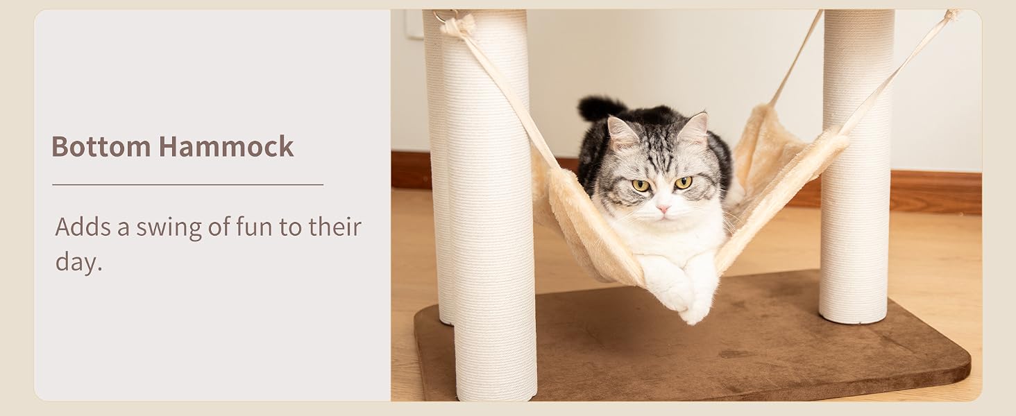 Modern Cat Tree for Large Cats + Clear Bowl + Multiple Resting Areas + Furniture-Friendly Fabric