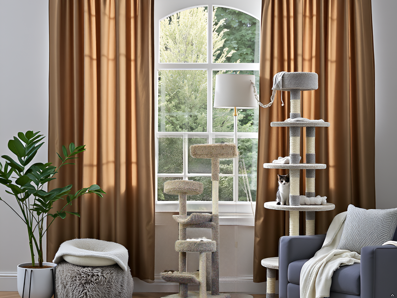 A cozy living room with a large window overlooking a lush garden, providing a serene backdrop for th