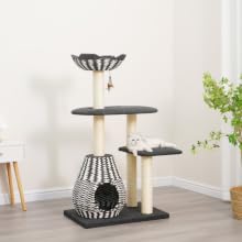 cat tree with cat model laying comfortably on second level perch