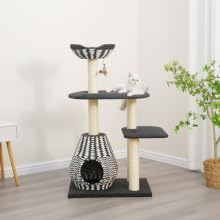 ace cat tree in lifestyle setting with cat model on third level perch