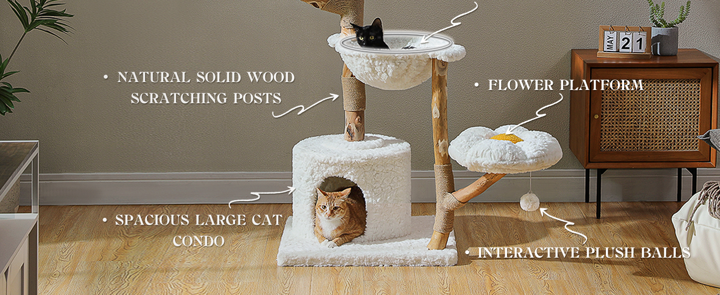 solid wood cat tower features a triple-thickened base, 3.5" solid posts