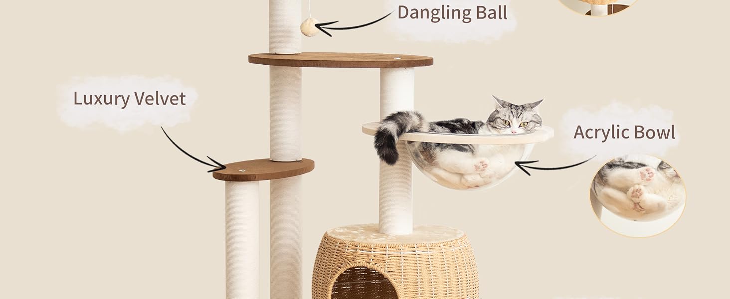 Modern Cat Tree for Large Cats + Clear Bowl + Multiple Resting Areas + Furniture-Friendly Fabric