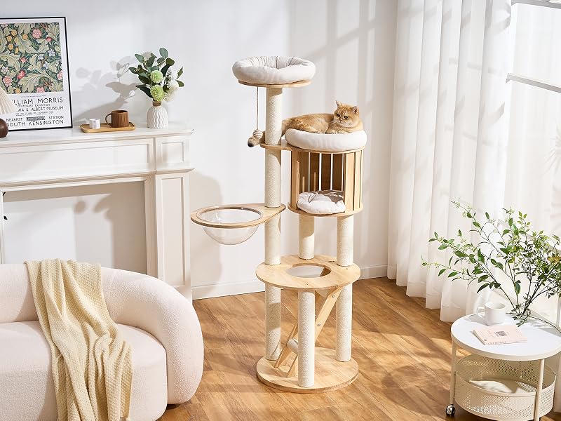 tall modern solid wood cat tree tower for indoor cats
