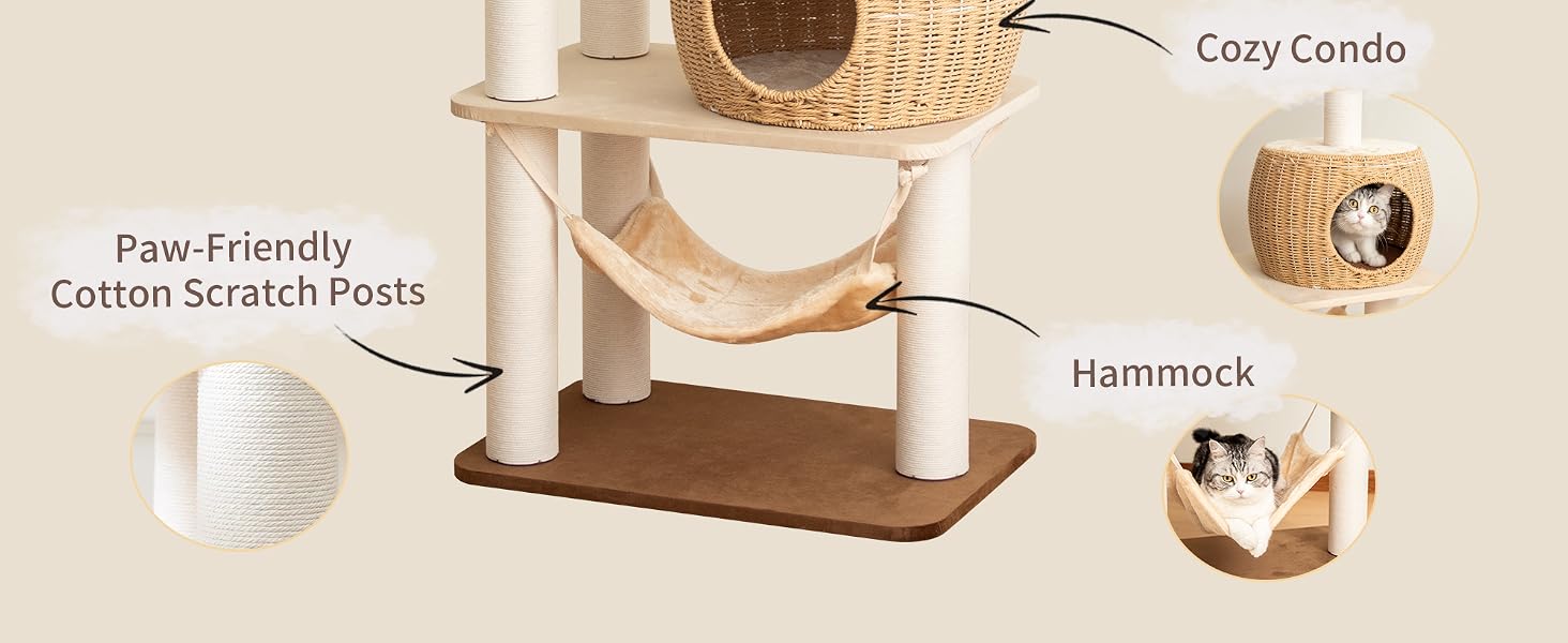Modern Cat Tree for Large Cats + Clear Bowl + Multiple Resting Areas + Furniture-Friendly Fabric